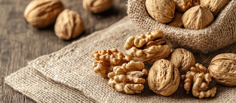 Aufkleber A close up of numerous whole walnuts on a napkin Nutritious organic food rich in protein. with copy space image. Place for adding text or design