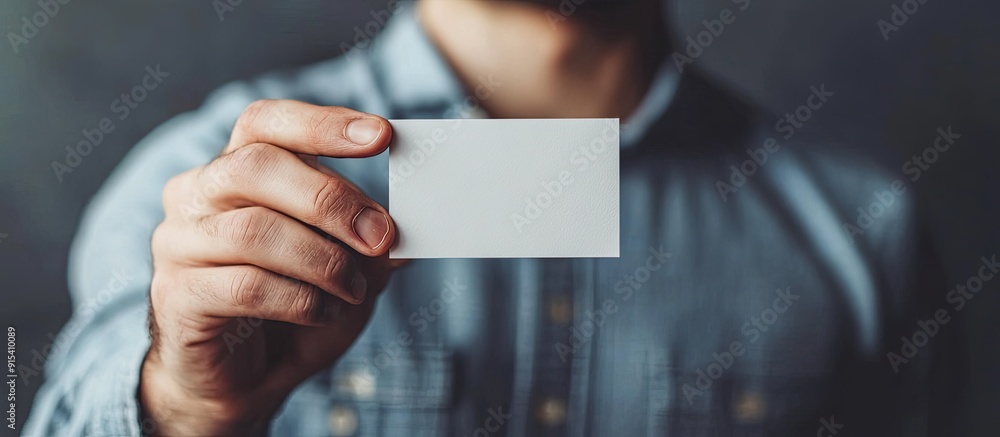Fototapete We can assist in crafting a message on the card held in the hand of a friendly smiling man. with copy space image. Place for adding text or design