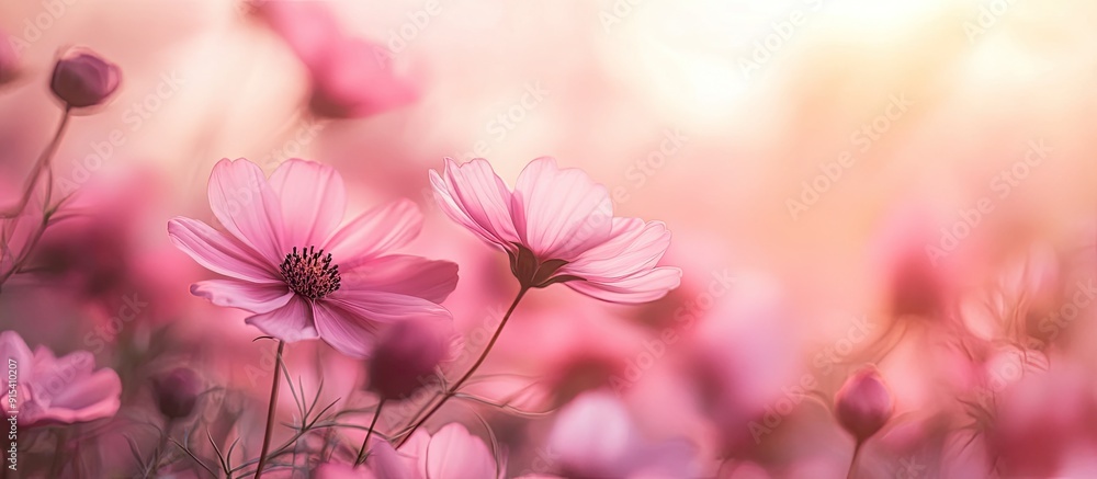 Poster pink cosmos flower in a field of cosmos creating a romantic dreamy color mood in a natural backdrop 