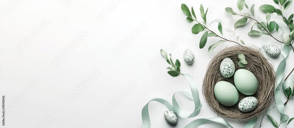 Poster easter eggs ribbons and a nest on a white background mockup card featuring plants invitation card wi