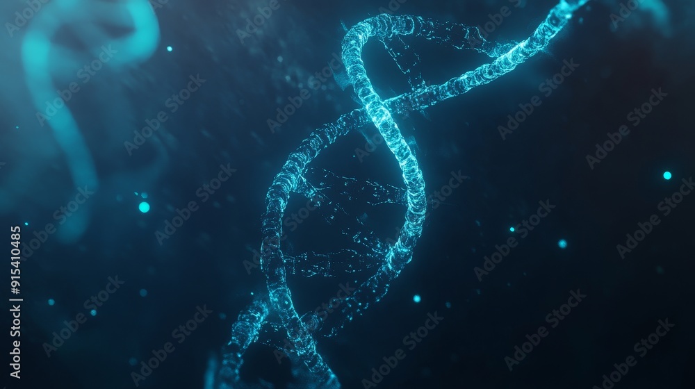 Poster dna molecule construction image using particles. digital dna structure with glow. research in geneti