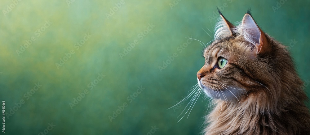 Poster portrait of a long haired tabby cat gazing to the viewer s right with a skeptical look green backgro