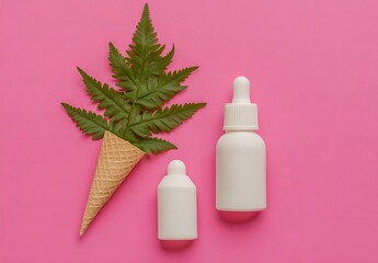 Tropical background with white bottle and palm leaves.