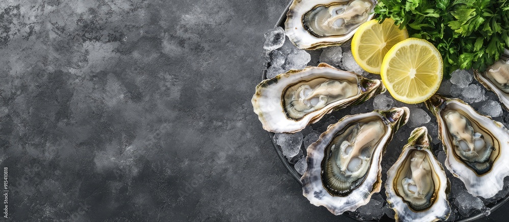 Aufkleber freshly closed oysters raw seafood served with lemon and ice in a steel tray gray background top vie
