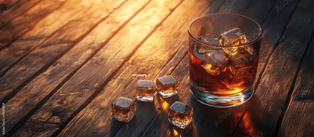 Poster A glass of whiskey or cognac on wooden planks with ice cubes. with copy space image. Place for adding text or design