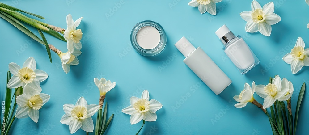 Poster flat lay arrangement featuring cosmetic products and white daffodils on a blue backdrop. with copy s