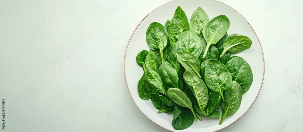 Poster a group of fresh spinach leaves on a plate against a light background horizontal layout copy space t