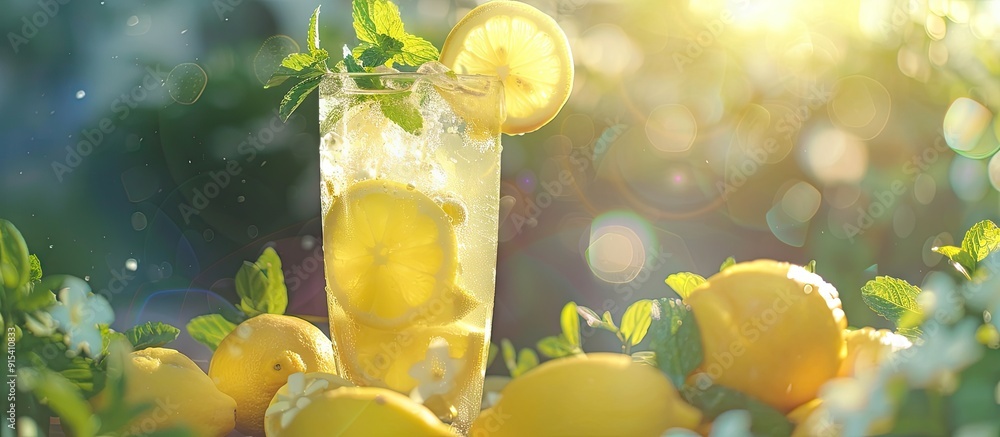 Poster lemonade with lemon mint and ice on a garden table. with copy space image. place for adding text or 