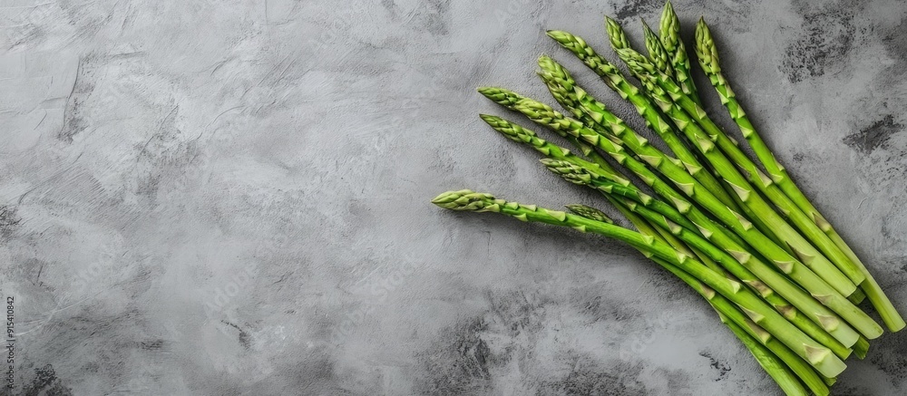 Poster fresh green raw asparagus on a concrete surface a top view of a bunch of fresh asparagus on a gray c