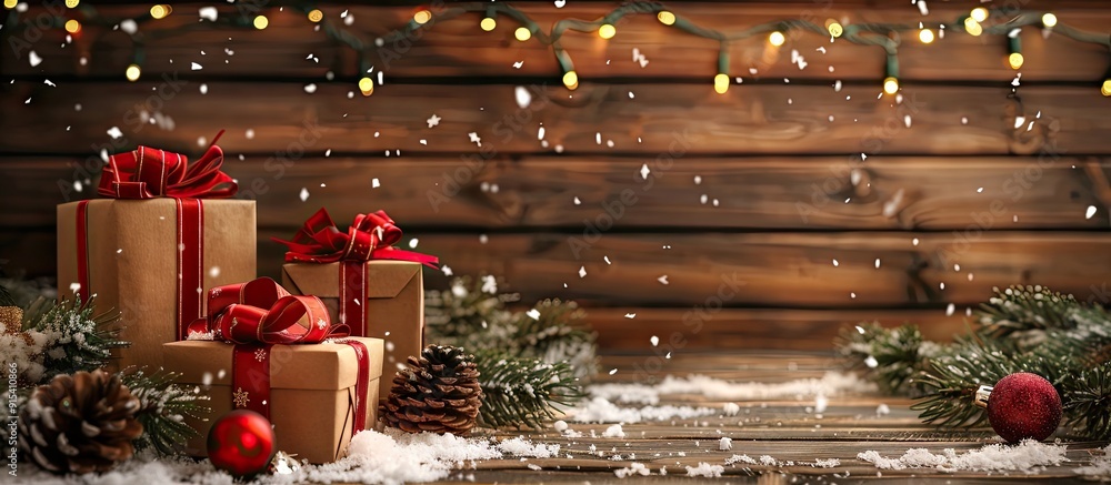Aufkleber Christmas backdrop featuring decorations and gift boxes on a wooden surface. with copy space image. Place for adding text or design