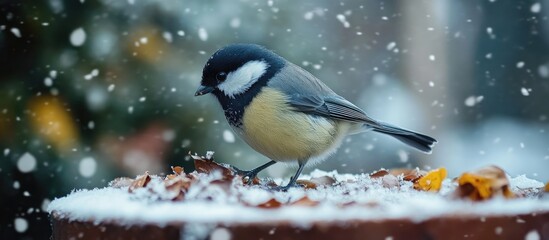 Obraz premium Willow Tit in the feeding trough. with copy space image. Place for adding text or design