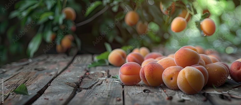 Poster selective focus on ripe apricots placed on a wooden table. with copy space image. place for adding t