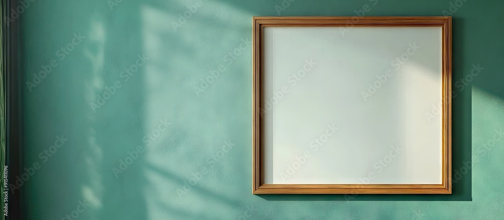 Aufkleber An empty wooden picture frame hanging on a wall for decorative purposes. with copy space image. Place for adding text or design