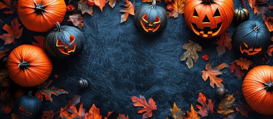 Halloween pumpkin with embellishments top view flat lay. with copy space image. Place for adding text or design