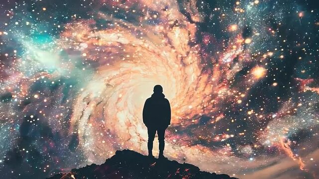 Astral explorer standing on mountain gazing at galaxy