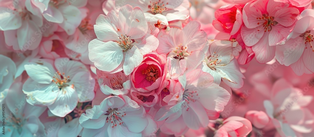 Poster Pink Spring Blooms on a White Background. with copy space image. Place for adding text or design