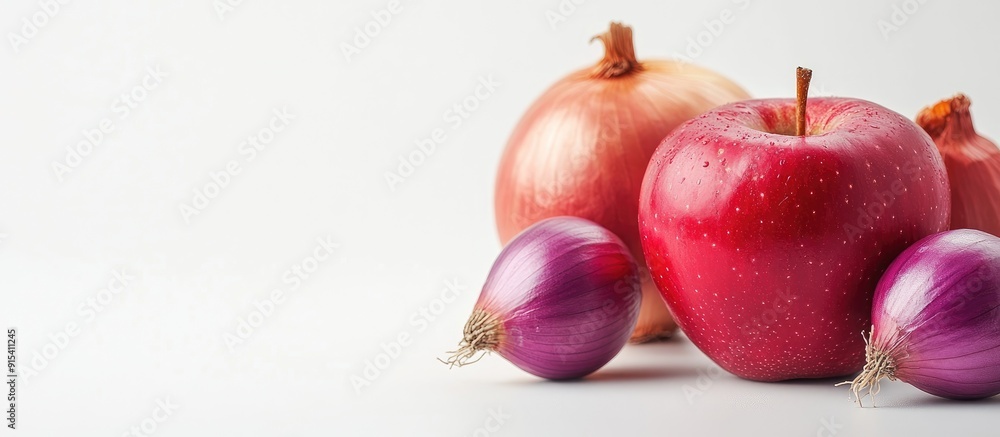 Poster image of an apple and onions on a white background. with copy space image. place for adding text or 