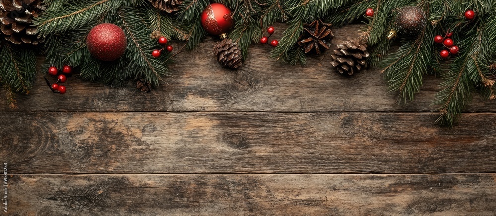 Poster christmas decorations on a rustic wooden surface. with copy space image. place for adding text or de