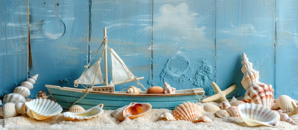 Poster toy ship and seashells on a blue wooden table. with copy space image. place for adding text or desig