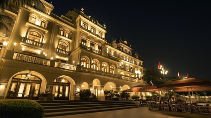 Fototapeta premium Illuminated Grandeur: A Nighttime View of a Grand Hotel