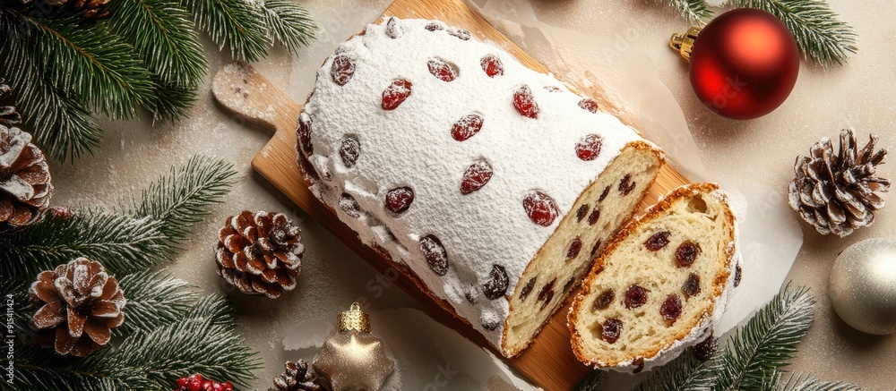 Poster christmas stollen topped with icing sugar marzipan and raisins a traditional dresden christmas pastr