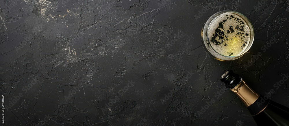 Poster champagne as a symbol of new year on a black background top view frame copyspace