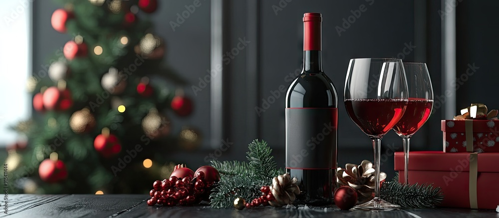 Poster bottle and glasses of red wine holiday decorations. with copy space image. place for adding text or 
