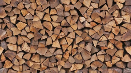 A pile of neatly stacked firewood exhibits beautiful natural patterns and textures under soft lighting, creating a calming and organized appearance