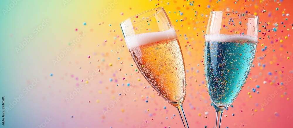 Aufkleber Champagne glasses with sprinkles on a colorful background. with copy space image. Place for adding text or design