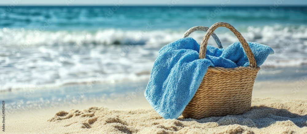 Poster Soft blue towel in a beach bag on the sand by the sea space for text. with copy space image. Place for adding text or design