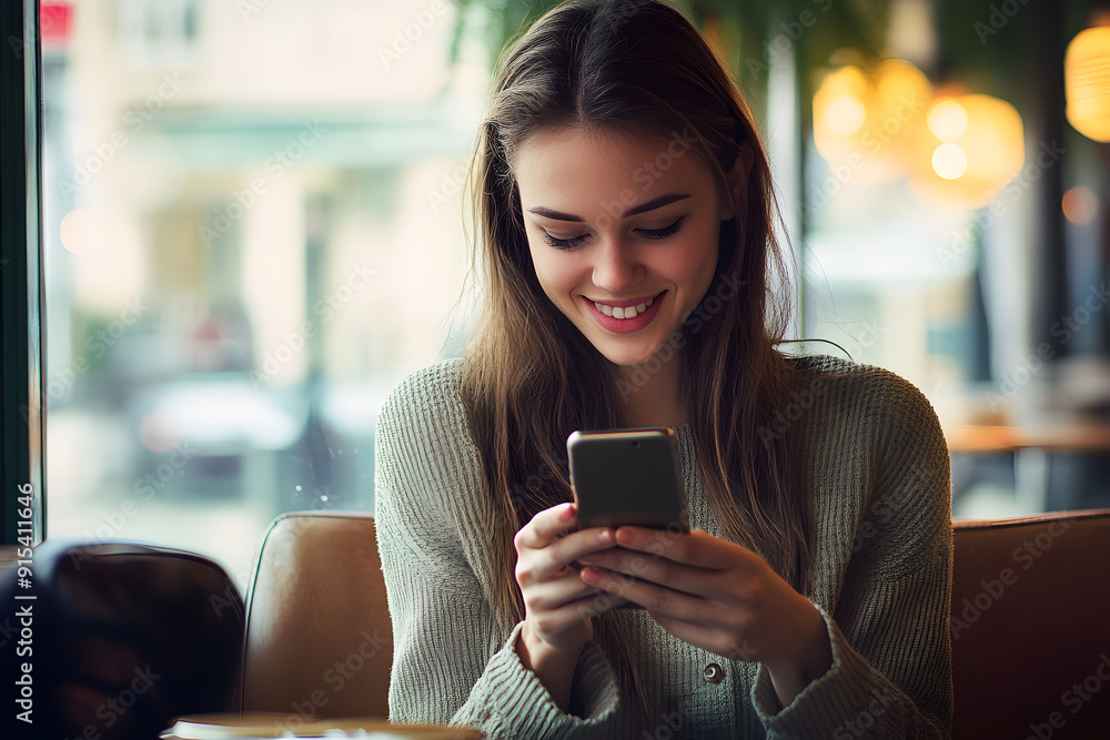 Poster woman in cafe drinking coffee and using her mobile phone