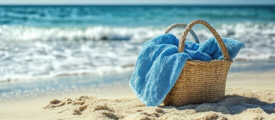 Soft blue towel in a beach bag on the sand by the sea space for text. with copy space image. Place for adding text or design