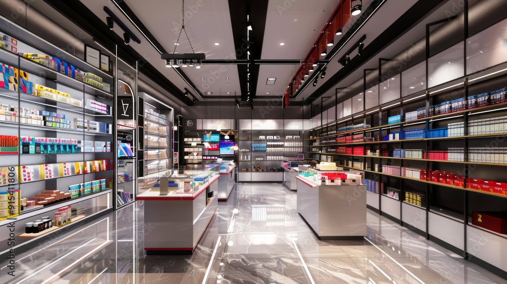 Poster a store with many shelves and a large display of products