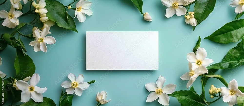 Aufkleber blank card and lovely jasmine flowers on a colored background. with copy space image. place for addi