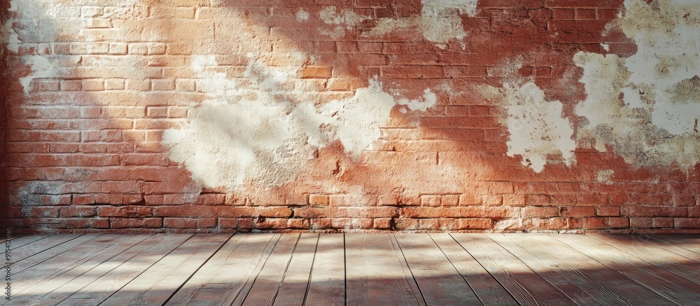 Poster Worn shabby chic red clay brick wall texture with random shadows falling on it. with copy space image. Place for adding text or design