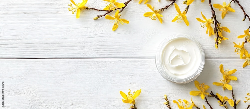 Poster Jar of moisturizer cream with yellow forsythia flowers on a white wooden background Top view. with copy space image. Place for adding text or design