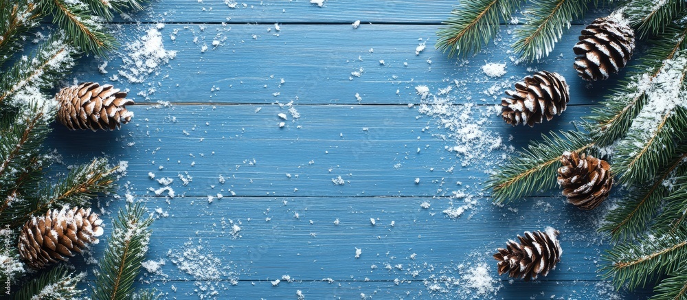Aufkleber Winter Christmas background featuring fir branches cones and snow on a blue wooden texture. with copy space image. Place for adding text or design