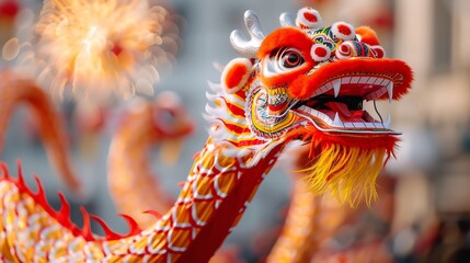 Chinese New Year parade with dragon dancers and fireworks, Parade march spectacle, cultural...