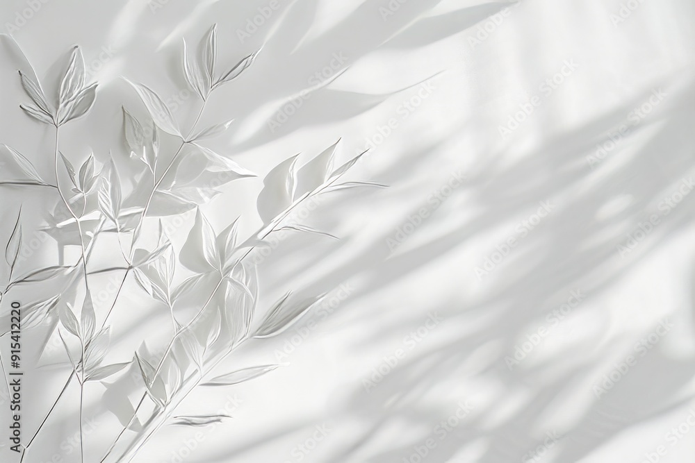 Wall mural minimalistic white background with a barely-there, soft shadow of a leaf pattern