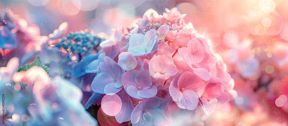 Aufkleber Summer blooming hydrangeas with selective focus shallow depth of field softened tones illuminated with heart shaped bokeh in the background and a pastel gentle card. with copy space image