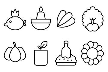 Black-and-White Thanksgiving Line Art Icons | Cute Cartoon Animal Vector Clipart