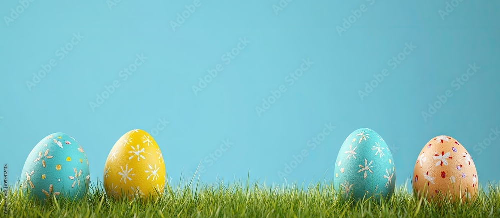 Leinwandbilder easter eggs on grass with a blue background. with copy space image. place for adding text or design