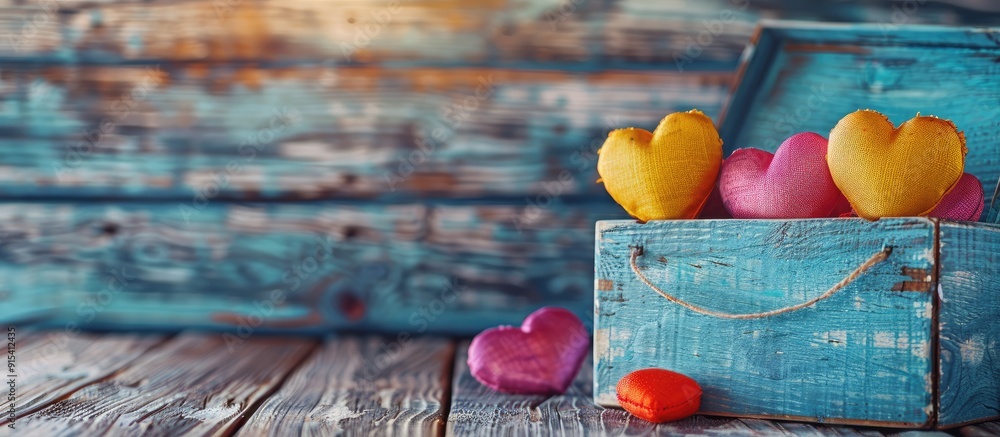 Poster vibrant hearts and a wooden box. with copy space image. Place for adding text or design