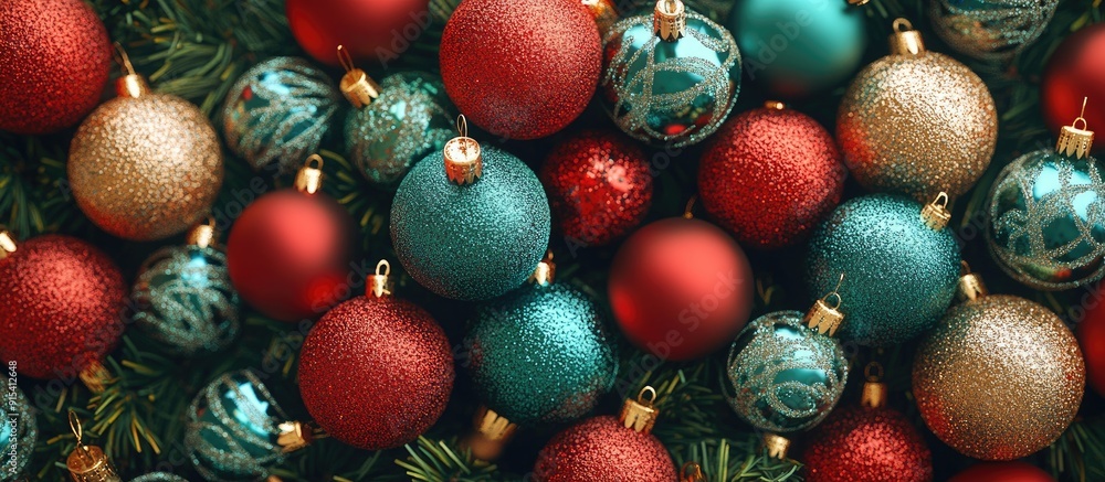 Poster arrangement of various red and green christmas tree ornaments on a white background flat lay minimal