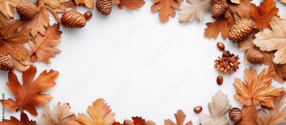 Poster Round frame wreath crafted from dried oak leaves and acorns on a white background with empty copy space Flat lay top view mockup