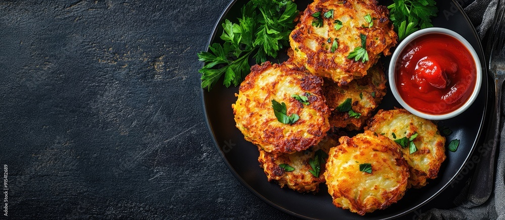Aufkleber roasted hash brown potatoes and vegetable fritters arranged on a plate with tomato sauce dark backgr