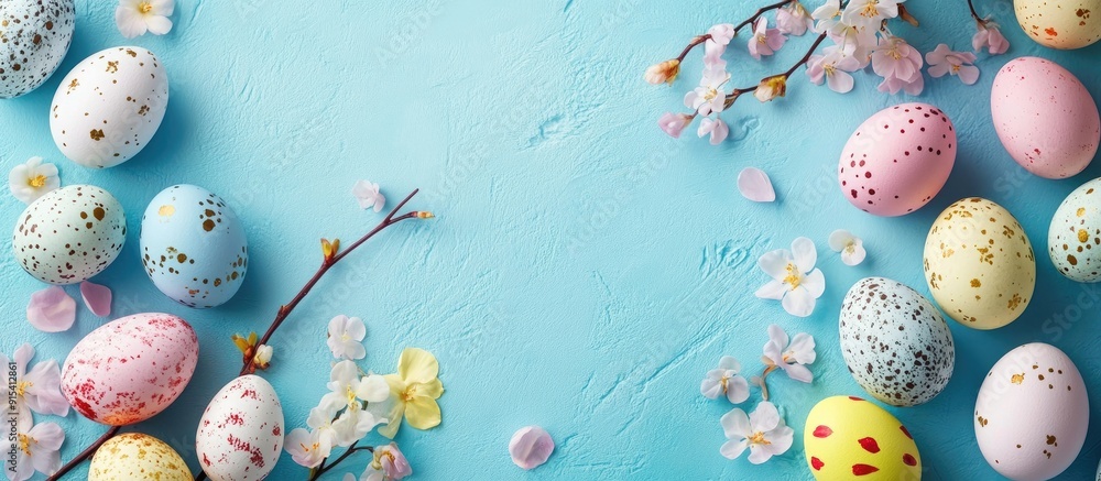 Aufkleber easter backdrop featuring easter eggs and spring flowers top view with copy space