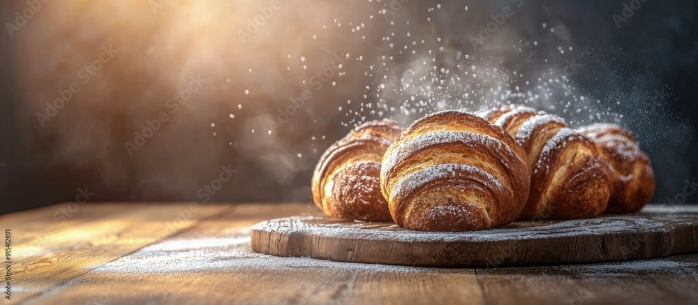 Poster Breads on a wooden board dusted with icing sugar on a wooden table for breakfast. with copy space image. Place for adding text or design