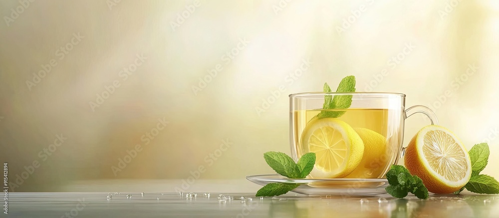 Poster tea with mint and lemon. with copy space image. place for adding text or design