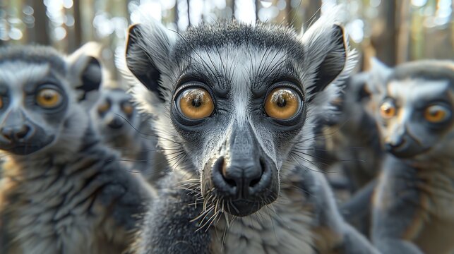 Group of Lemur Cattas close-up in the wild